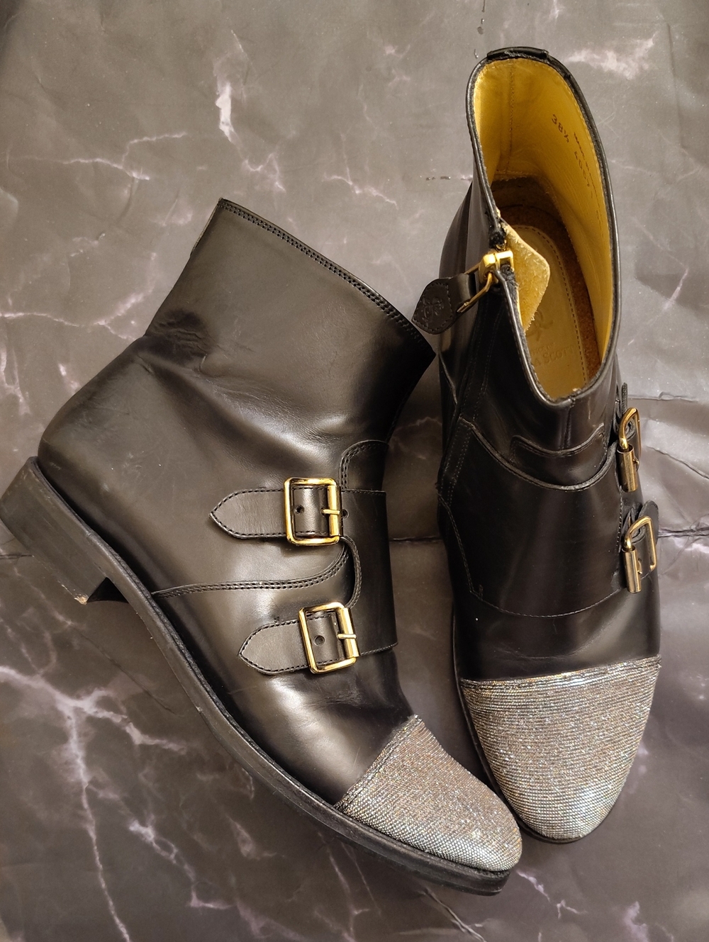 Black Leather Double-Buckle Ankle Booties with Sparkle Cap Toe